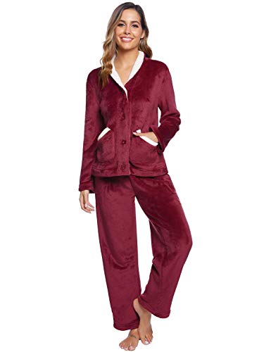 Abollria Pijamas Mujer Invierno Franela Conjunto de Pijama para Mujer,Botones Largo Mangas Larga Pantalones Ropa de Casa 2 Piezas