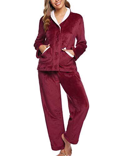 Abollria Pijamas Mujer Invierno Franela Conjunto de Pijama para Mujer,Botones Largo Mangas Larga Pantalones Ropa de Casa 2 Piezas