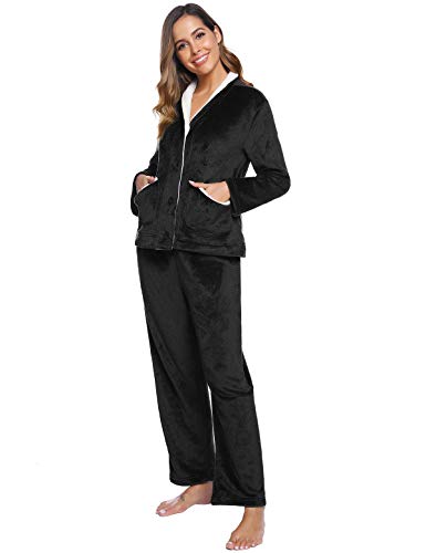 Abollria Pijamas Mujer Invierno Franela Conjunto de Pijama para Mujer,Botones Largo Mangas Larga Pantalones Ropa de Casa 2 Piezas
