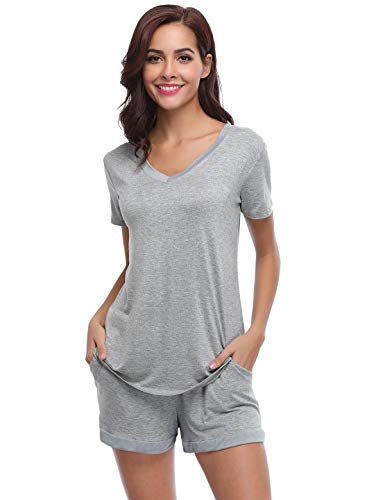Abollria Pijamas Mujer Verano Corto del Pijamas Pantalones Manga Corto 2 Piezas de Ropa de Dormir Algodón Suave Loungewear Gris,XL