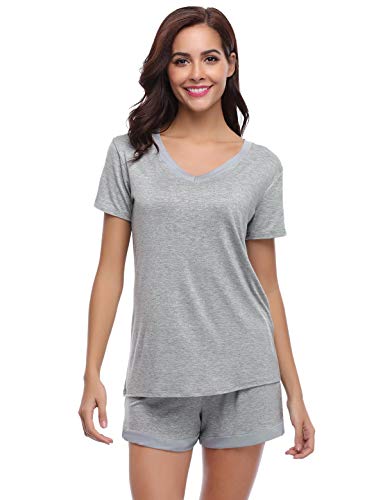 Abollria Pijamas Mujer Verano Corto del Pijamas Pantalones Manga Corto 2 Piezas de Ropa de Dormir Algodón Suave Loungewear Gris,XL