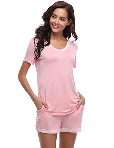 Abollria Pijamas Mujer Verano Corto del Pijamas Pantalones Manga Corto 2 Piezas de Ropa de Dormir Algodón Suave Loungewear Rosa,XL