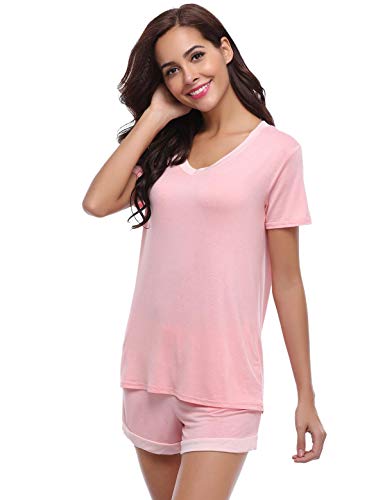 Abollria Pijamas Mujer Verano Corto del Pijamas Pantalones Manga Corto 2 Piezas de Ropa de Dormir Algodón Suave Loungewear Rosa,XL