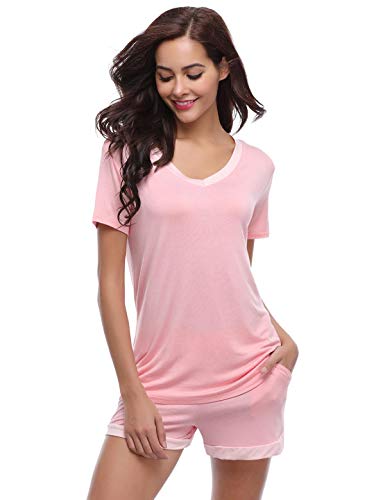 Abollria Pijamas Mujer Verano Corto del Pijamas Pantalones Manga Corto 2 Piezas de Ropa de Dormir Algodón Suave Loungewear Rosa,XL