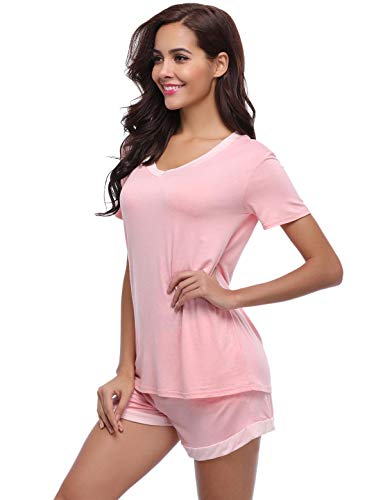 Abollria Pijamas Mujer Verano Corto del Pijamas Pantalones Manga Corto 2 Piezas de Ropa de Dormir Algodón Suave Loungewear Rosa,XL