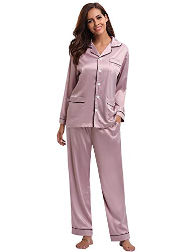 Abollria Pijamas Saten Mujer Manga Larga Set,Ropa de Dormir Elegante y Moda 2 Piezas