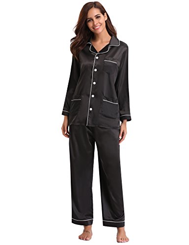 Abollria Pijamas Saten Mujer Manga Larga Set,Ropa de Dormir Elegante y Moda 2 Piezas