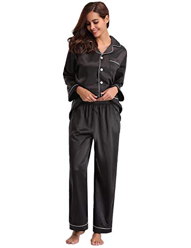 Abollria Pijamas Saten Mujer Manga Larga Set,Ropa de Dormir Elegante y Moda 2 Piezas