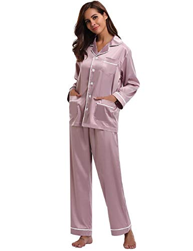 Abollria Pijamas Saten Mujer Manga Larga Set,Ropa de Dormir Elegante y Moda 2 Piezas