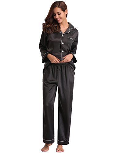 Abollria Pijamas Saten Mujer Manga Larga Set,Ropa de Dormir Elegante y Moda 2 Piezas