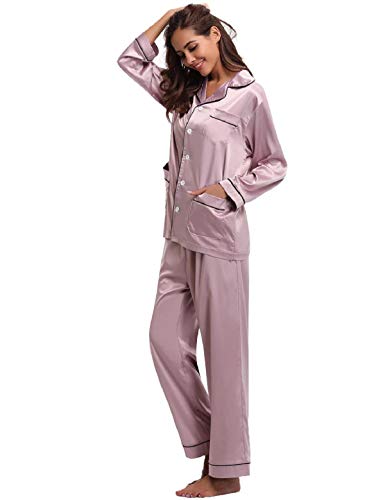 Abollria Pijamas Saten Mujer Manga Larga Set,Ropa de Dormir Elegante y Moda 2 Piezas