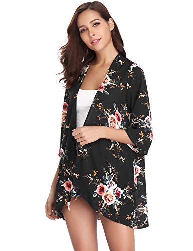 Abollria Playa Cárdigan Florales Chal de Gasa Manga 3/4 Ropa de Baño Cover Up para Mujer IR al Mar Pareo Casual Boho Style Capas Chaqueta Kimono para Vacaciones Verano y Fiesta