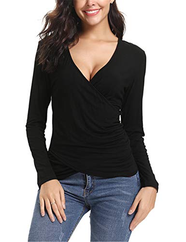 Abollria T-Shirt Manga Larga para Mujer Crossover Camisetas Sexy Deportivo y Casual Tops o Blusas Cuello-V