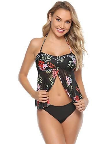 Abollria Tankini Mujer Traje de Baño en Dos Piezas Bañador Halter Tankini Vest + Short de Baño Traje Sexy Ropa de Baño Conjunto de Swimsuit de Encaje Push Up Beachwear Correa de Hombro Extraíble
