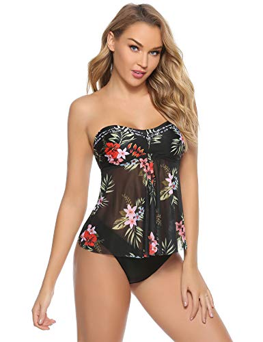 Abollria Tankini Mujer Traje de Baño en Dos Piezas Bañador Halter Tankini Vest + Short de Baño Traje Sexy Ropa de Baño Conjunto de Swimsuit de Encaje Push Up Beachwear Correa de Hombro Extraíble