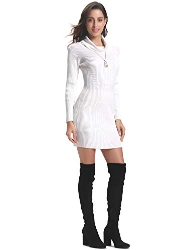 Abollria Vestido a Punto Cuello Alto Suéter Elegante para Mujer Jerséy Clásico para Otoño Invierno Cuello Alto, Blanco, M