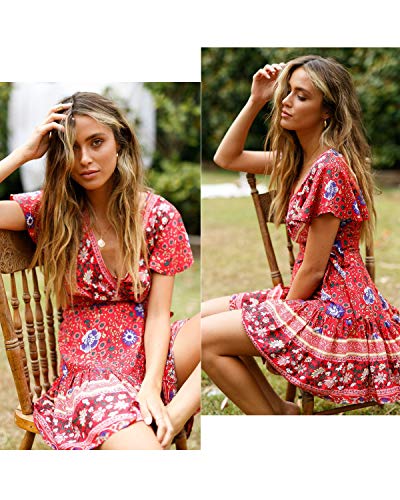 Abravo Mujer Vestido Bohemio Corto Florales Nacional Verano Vestido Casual Magas Cortas Chic de Noche Playa Vacaciones (2XL, Rojo y Azul)