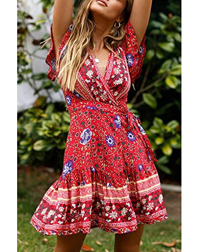 Abravo Mujer Vestido Bohemio Corto Florales Nacional Verano Vestido Casual Magas Cortas Chic de Noche Playa Vacaciones (2XL, Rojo y Azul)