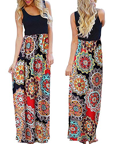 Abravo Mujer Vestido Casual Estampado Floral Bohemia Largo Vestido sin Mangas Verano Maxi Dress Playa,Azul Oscuro,L