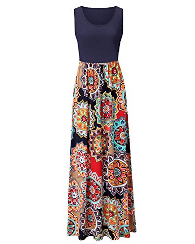 Abravo Mujer Vestido Casual Estampado Floral Bohemia Largo Vestido sin Mangas Verano Maxi Dress Playa,Azul Oscuro,L