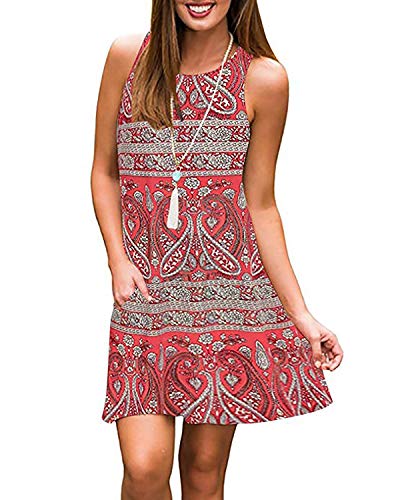 Abravo Mujer Vestido Estampado Floral sin Mangas Vestido Casual Corto Playa con un Bolsillo (L, Rojo-2)