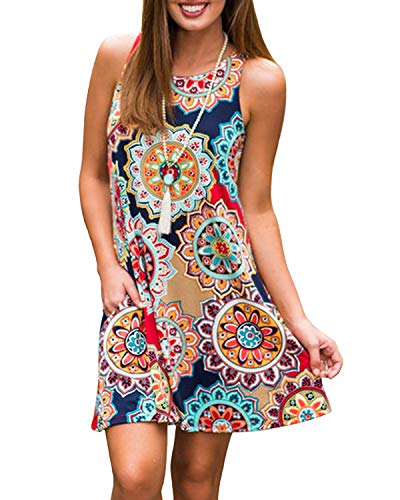 Abravo Mujer Vestido Estampado Floral sin Mangas Vestido Casual Corto Playa con un Bolsillo,Azul Marino,M