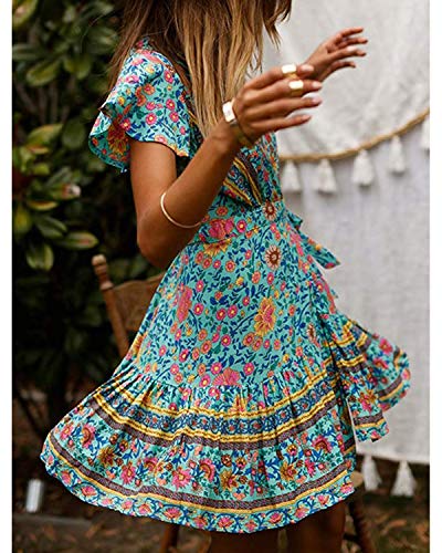 Abravo Mujer Vestido?Bohemio Corto Florales Nacional Verano Vestido Casual Magas Cortas Chic de Noche Playa Vacaciones,Azul,L