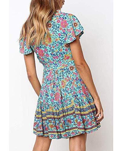 Abravo Mujer Vestido?Bohemio Corto Florales Nacional Verano Vestido Casual Magas Cortas Chic de Noche Playa Vacaciones,Azul,L