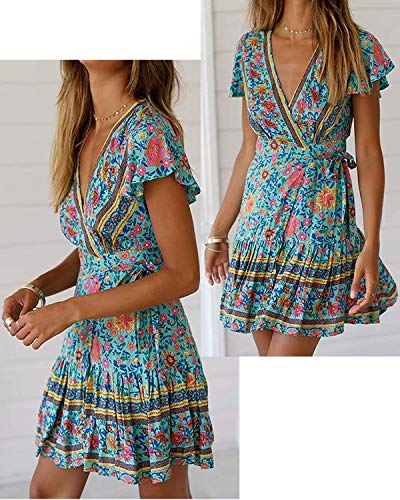 Abravo Mujer Vestido?Bohemio Corto Florales Nacional Verano Vestido Casual Magas Cortas Chic de Noche Playa Vacaciones,Azul,L