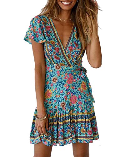 Abravo Mujer Vestido?Bohemio Corto Florales Nacional Verano Vestido Casual Magas Cortas Chic de Noche Playa Vacaciones,Azul,L