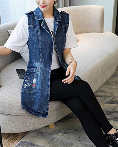 Abrigo De Jeans Mujer Largos Elegantes Vintage Bordados Talla Grande Chaleco Vaqueros Casuales Modernas Casual De Solapa Sin Mangas Moda Primavera Otoño Vaqueras Jacket Chaleco