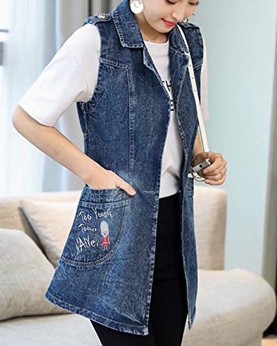 Abrigo De Jeans Mujer Largos Elegantes Vintage Bordados Talla Grande Chaleco Vaqueros Casuales Modernas Casual De Solapa Sin Mangas Moda Primavera Otoño Vaqueras Jacket Chaleco