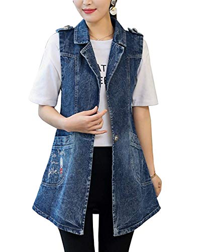 Abrigo De Jeans Mujer Largos Elegantes Vintage Bordados Talla Grande Chaleco Vaqueros Casuales Modernas Casual De Solapa Sin Mangas Moda Primavera Otoño Vaqueras Jacket Chaleco