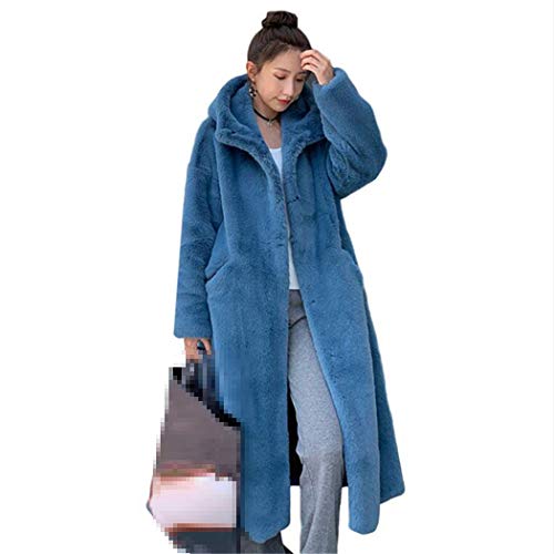 Abrigo de Piel sintética de Pelo de Invierno para Mujer, Chaqueta Larga de Pelo de visón de imitación con Capucha Coreana, Chaqueta de Piel sintética cálida Gruesa Suelta Smoky Blue XS