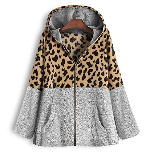 Abrigo Leopardo Mujer Invierno Parka de Lana Caliente Abrigos Larga Piel Sintética Sudadera con Capucha Talla Grande Hoodie Cómodo de Empalme Ropa Casual Yvelands(Gris,L)