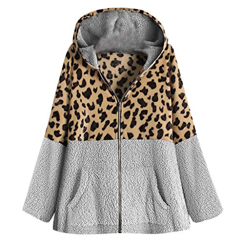 Abrigo Leopardo Mujer Invierno Parka de Lana Caliente Abrigos Larga Piel Sintética Sudadera con Capucha Talla Grande Hoodie Cómodo de Empalme Ropa Casual Yvelands(Gris,L)