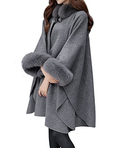 Abrigos De Mujer Invierno Fleece Ponchos De Pelo Cuello Alto Suelto Elegante Coat Outcoat Capas Colores Sólidos Más Grueso Abrigados Manga Larga (Color : Gris, Size : 2XL)