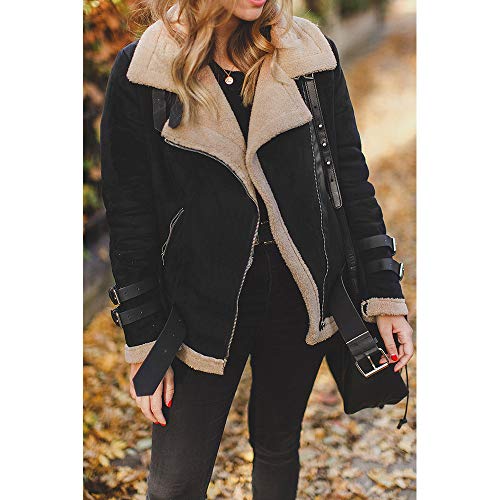 Abrigos Mujer Invierno Rebajas Talla Grande K-Youth ✿ Chaqueta Cuero Mujer Moto Abrigos para Mujer Elegantes Solapa Abrigo de Algodón Outwear Parkas de Mujer Cardigan Bolsillos(Negro, XL)