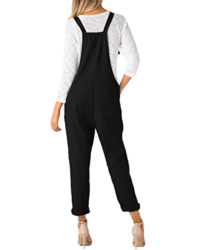 ACHIOOWA Mono para Mujer Peto de Pantalones Casual Ajustable Correa Rompers Largo Sin Mangas Monos de harén Mono de Pierna Ancha Overalls con Bolsillo Negro L