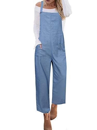 ACHIOOWA Mono para Mujer Vaquero Peto de Pantalones Casuales Ajustable Correa Rompers Largo Sin Mangas Monos de harén Mono de Pierna Ancha Overalls con Bolsillo B-Azul Claro L