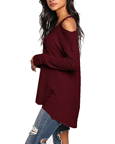 ACHIOOWA Mujer Camiseta Manga Larga Cuello V Oto?o Blusa Sin Hombros Punto Jersey Elegante Casual Tallas Grandes Suelto Oversize Top Shirt Rojo-Vino M