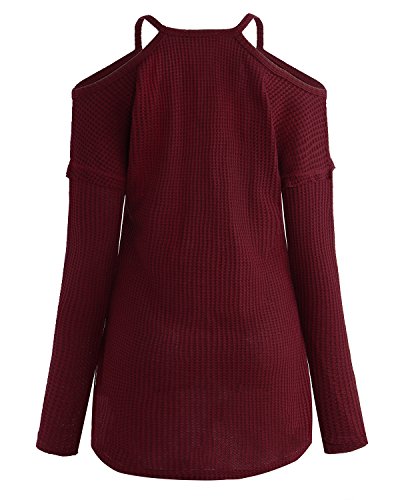 ACHIOOWA Mujer Camiseta Manga Larga Cuello V Oto?o Blusa Sin Hombros Punto Jersey Elegante Casual Tallas Grandes Suelto Oversize Top Shirt Rojo-Vino S