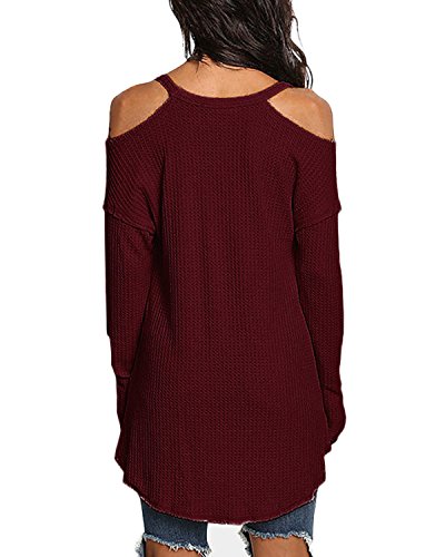 ACHIOOWA Mujer Camiseta Manga Larga Cuello V Oto?o Blusa Sin Hombros Punto Jersey Elegante Casual Tallas Grandes Suelto Oversize Top Shirt Rojo-Vino S