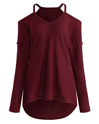 ACHIOOWA Mujer Camiseta Manga Larga Cuello V Oto?o Blusa Sin Hombros Punto Jersey Elegante Casual Tallas Grandes Suelto Oversize Top Shirt Rojo-Vino S