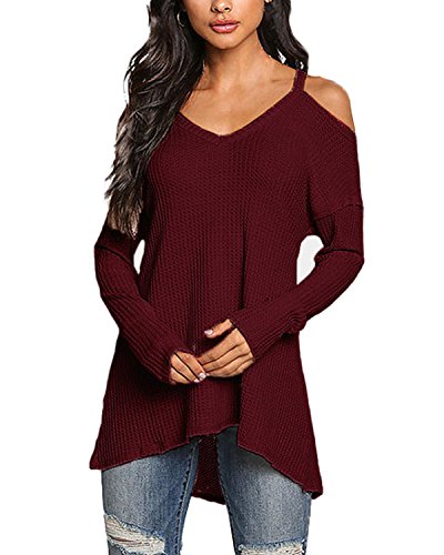 ACHIOOWA Mujer Camiseta Manga Larga Cuello V Oto?o Blusa Sin Hombros Punto Jersey Elegante Casual Tallas Grandes Suelto Oversize Top Shirt Rojo-Vino S