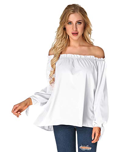 ACHIOOWA Mujer Camiseta Manga Larga Sexy Hombros Descubiertos Otoño Blusa Elegante Casual Top Shirt 814413-Blanco XXL
