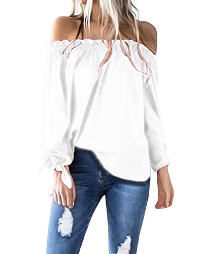 ACHIOOWA Mujer Camiseta Manga Larga Sexy Hombros Descubiertos Otoño Blusa Elegante Casual Top Shirt 814413-Blanco XXL