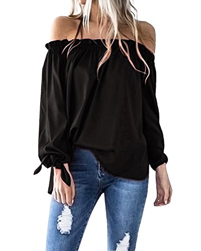 ACHIOOWA Mujer Camiseta Manga Larga Sexy Hombros Descubiertos Otoño Blusa Elegante Casual Top Shirt 814413-Negro M