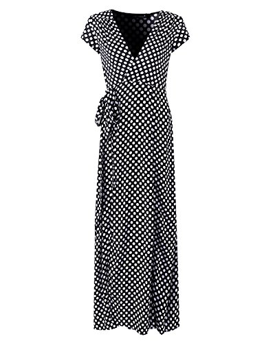 ACHIOOWA Mujer Vestido Elegante Casual Playa Bohemio Dress Lunares Cuello V Manga Corta Escote Fiesta Cóctel Falda Larga Negro M