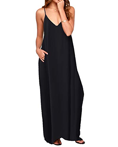 ACHIOOWA Mujer Vestido Elegante Playa Casual Dress Cuello V Sin Manga Túnica Sin Hombros Escote Punto Bolsillo Caftán Oversize Falda Larga Negro XL